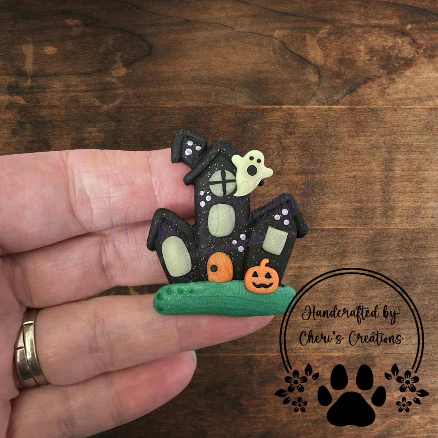 Haunted House Bow Center – Handmade Polymer Clay Embellishment