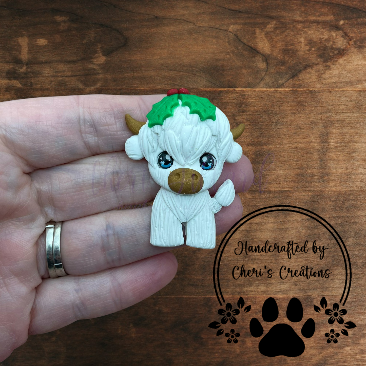 Holly Highland Cow Bow Center – Handmade Polymer Clay Embellishment