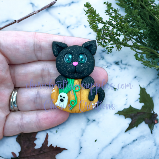 Halloween Pumpkin Cat Polymer Clay Embellishment