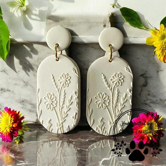 Embossed Ivory Wildflowers Polymer Clay Dangle Earrings