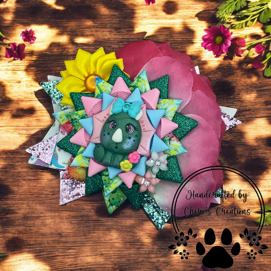 Baby Dinosaur Hair Bow – Handmade Faux Leather Bow with Cute Triceratops Clay Center