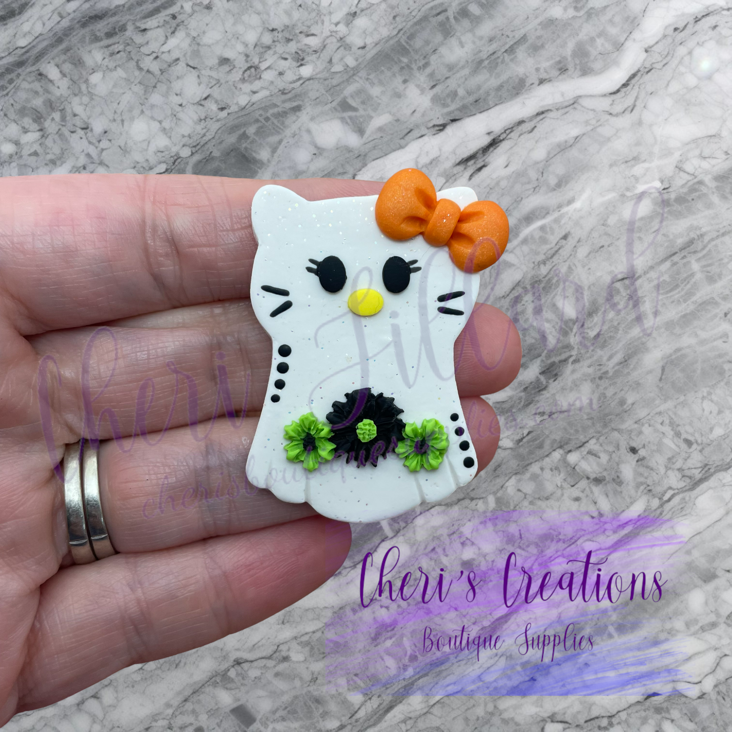 Floral Ghost Kitty Polymer Clay Embellishment