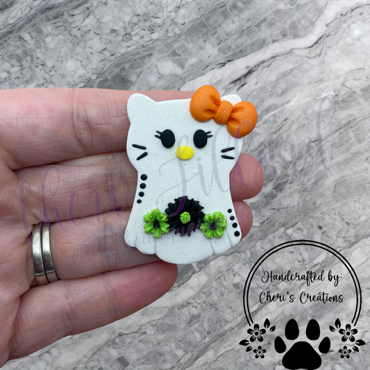 Floral Ghost Kitty Polymer Clay Embellishment