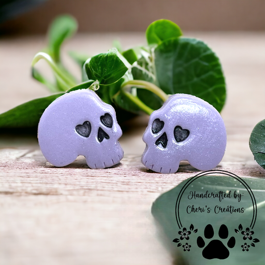 Lavender Spooky Skulls Polymer Clay Stud Earrings