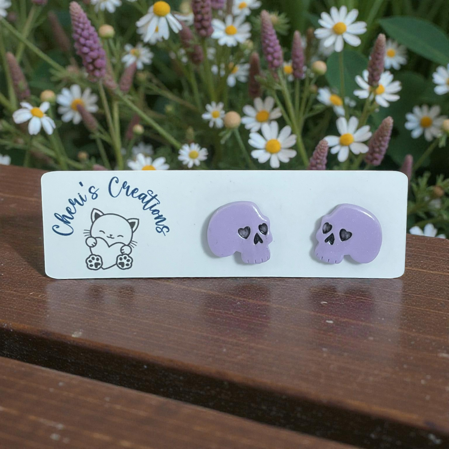 Lavender Distressed Skull Studs – Handmade Polymer Clay Earrings