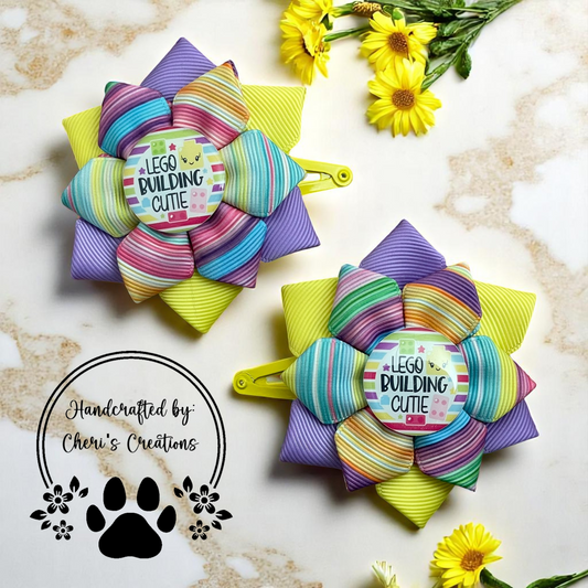 Pastel Rainbow Lego Building Cutie Hair Bows – Handmade Flower Bows for Kids – Snap Clip Flower Bows