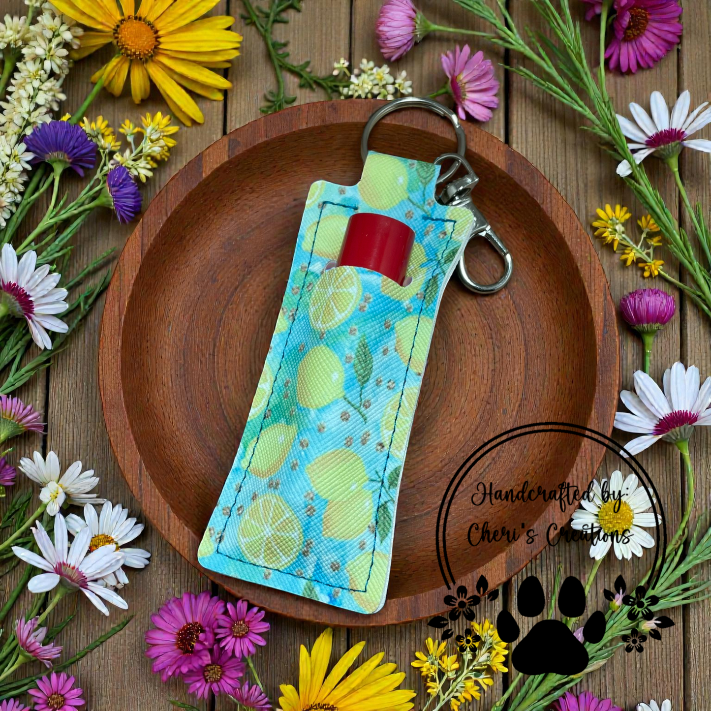 Chapstick Keychain - Lemons on Blue Lip Balm Sleeve