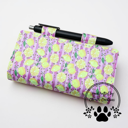 Sweet Lemon Print Checkbook Cover on Pink Stripes – Handmade Faux Leather Accessory