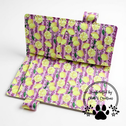 Sweet Lemon Print Checkbook Cover on Pink Stripes – Handmade Faux Leather Accessory