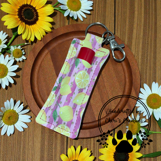 Chapstick Keychain - Lemons on Pink Lip Balm Sleeve
