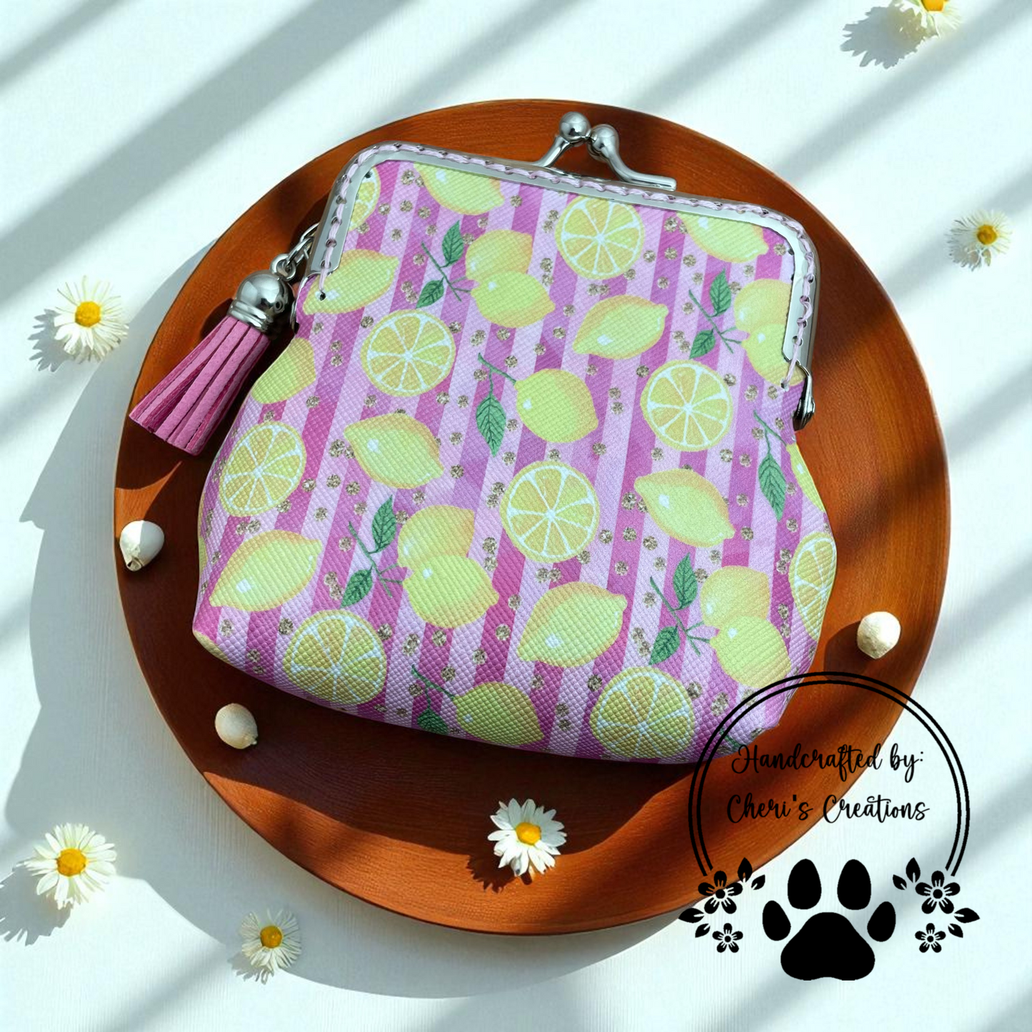 Lemon Print Faux Leather Change Purse – Handmade Kiss Clasp Coin Pouch