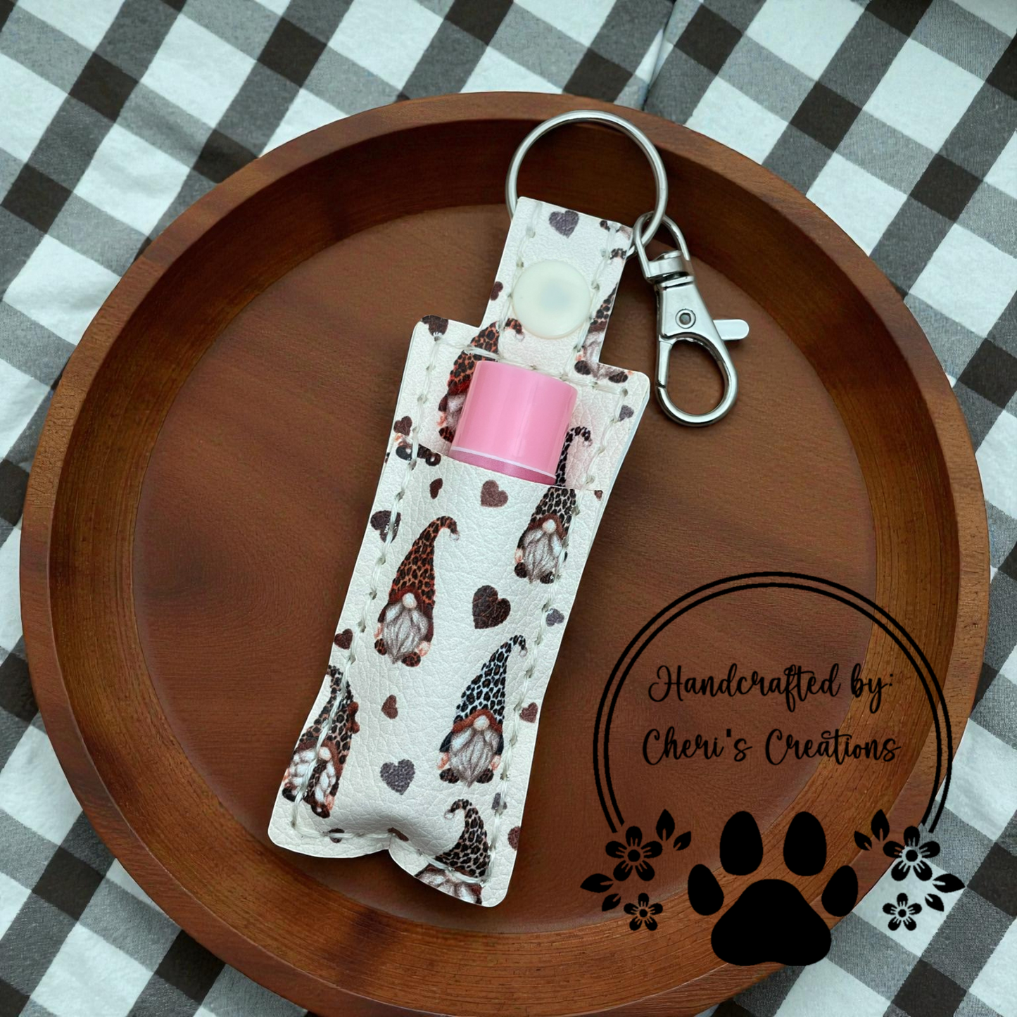 Chapstick Keychain - Leopard Hat Gnomes Lip Balm Holder