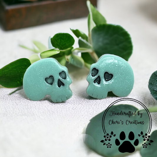 Mint Green Spooky Skull Polymer Clay Stud Earrings