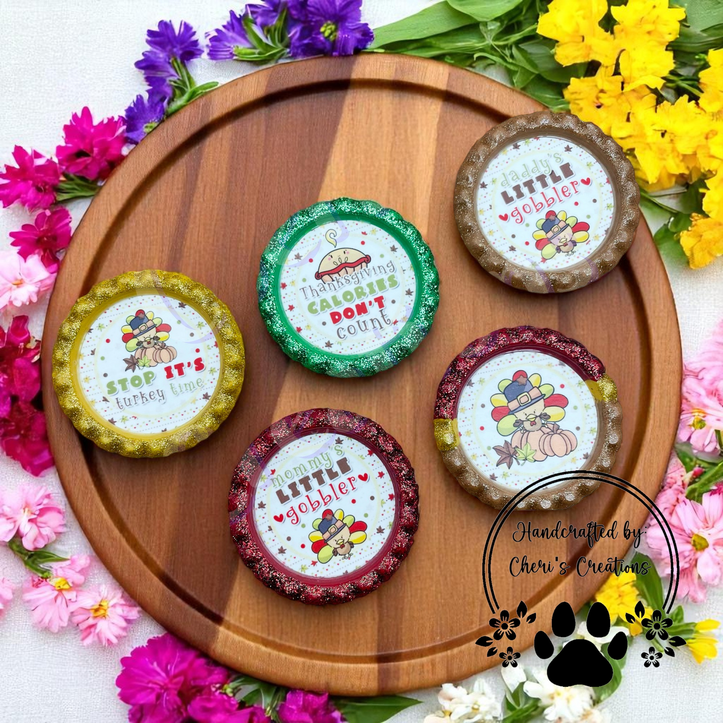Cute Little Turkey Bottle Cap Set – Handpainted Thanksgiving Embellishments for Bow Centers, Keychains & DIY Crafts