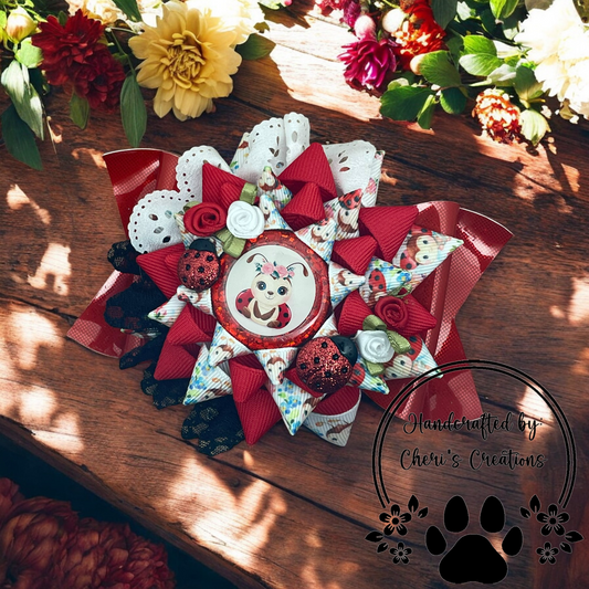 Ladybug Hair Bow – Handmade Faux Leather Bow with Sparkling Resin Center & Roses