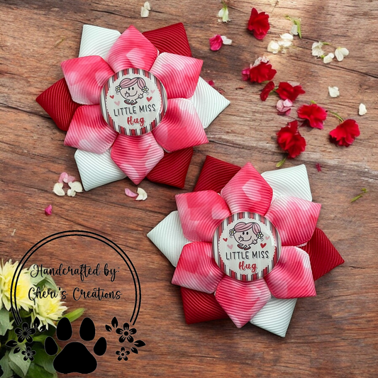 Valentine’s Day Flower Hair Bows – Little Miss Hug Alligator Clip Bows for Girls