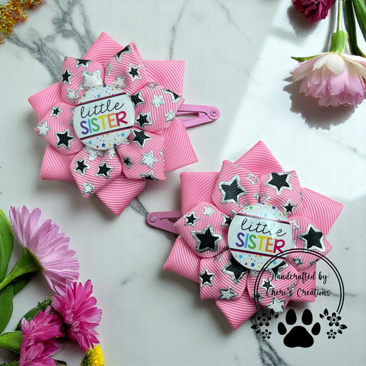 Little Sister Hair Bows – Pink Sparkle Star Flower Bows with Snap Clip | Handmade Sister Gift for Girls