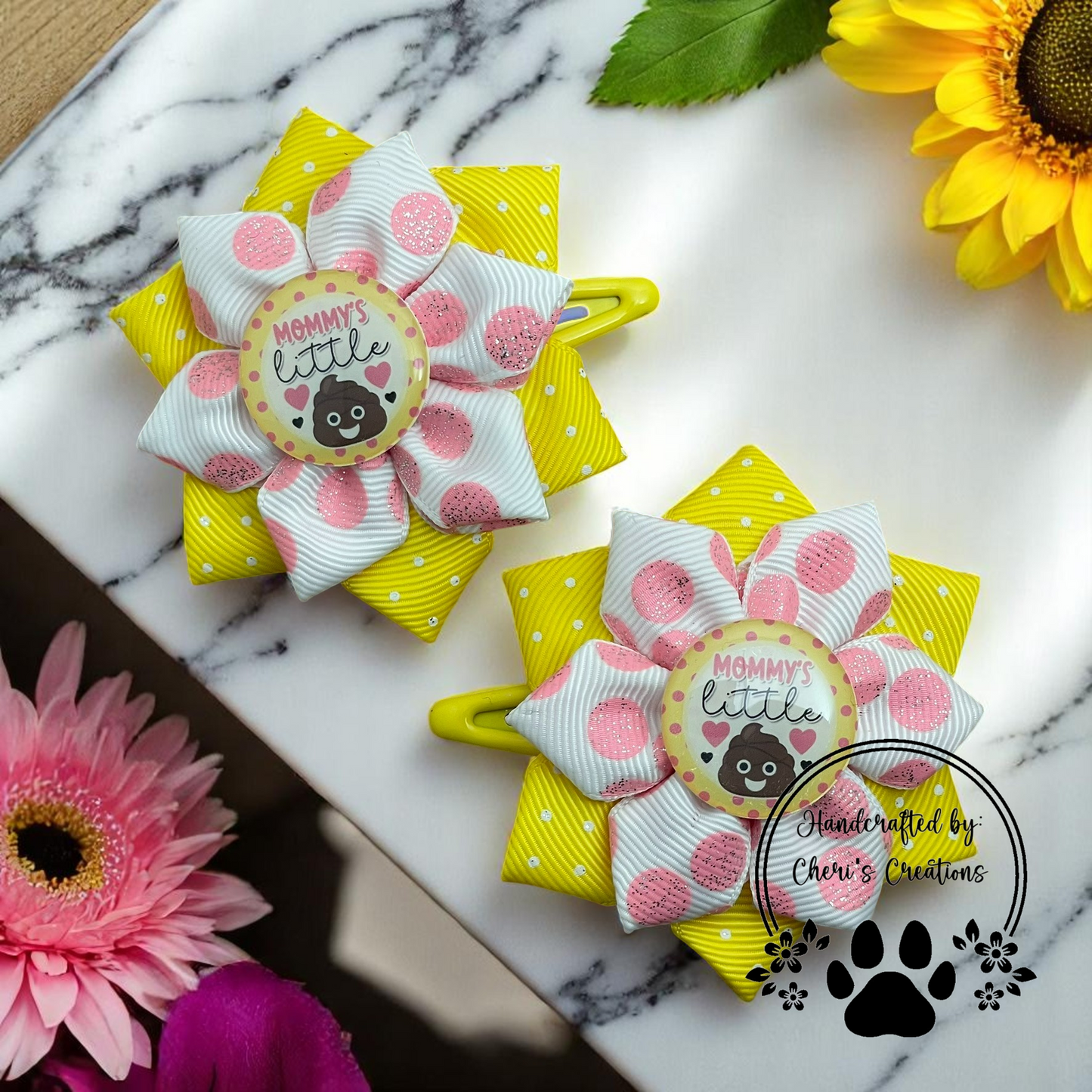 Funny Polka Dot Hair Bows – “Mommy’s Little…” Poop Emoji Flower Bows for Kids – Snap Clip or Alligator Clip