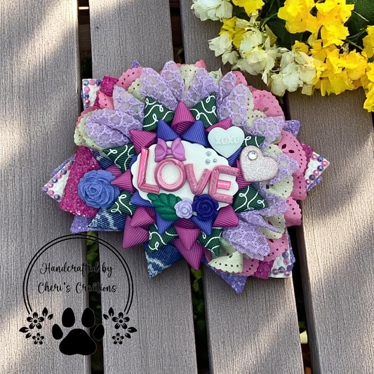 Handmade Valentine’s Day Hair Bow – LOVE Clay Center Faux Leather Ribbon Bow