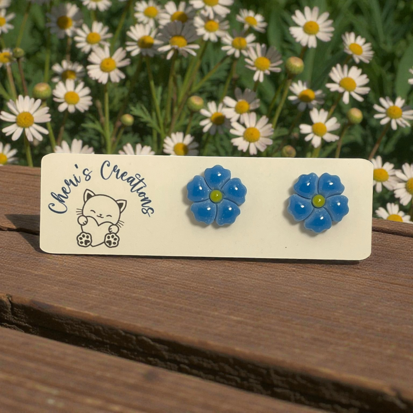 Light Blue Flower Studs – Handmade Polymer Clay Earrings