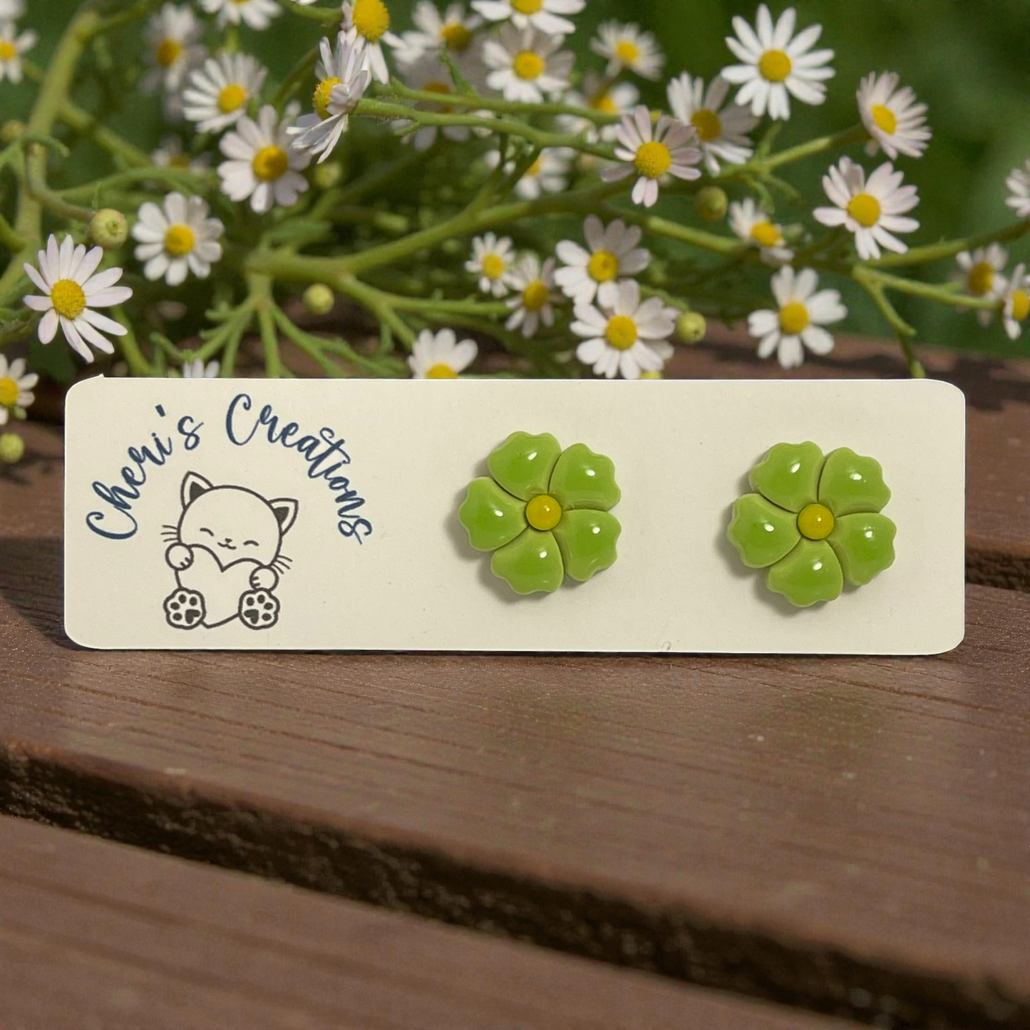 Light Green Flower Studs – Handmade Polymer Clay Earrings