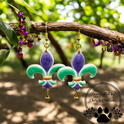 Mardi Gras Fleur de Lis Polymer Clay Dangle Earrings