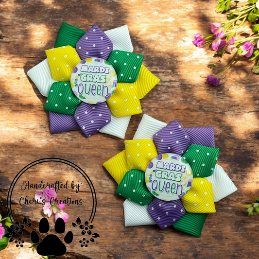 Mardi Gras Queen Handmade Flower Bow Clip Set