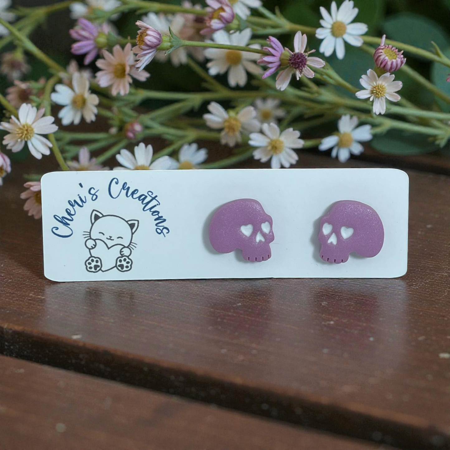 Mauve Pearl Skull Studs – Handmade Polymer Clay Earrings