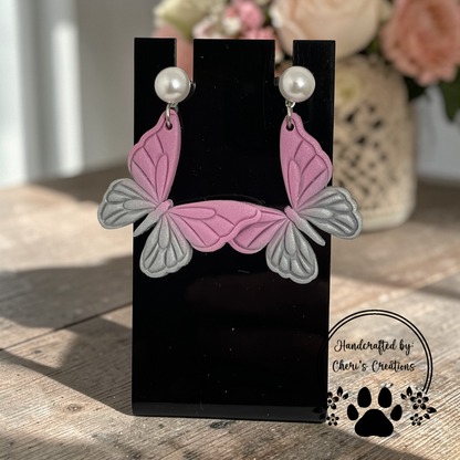 Mauve & Silver Butterfly Dangles - Handmade Polymer Clay Earrings