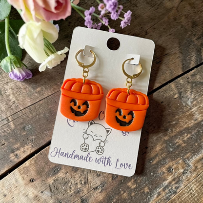 Jack O' Lantern Bucket Dangles - Handmade Polymer Clay Earrings