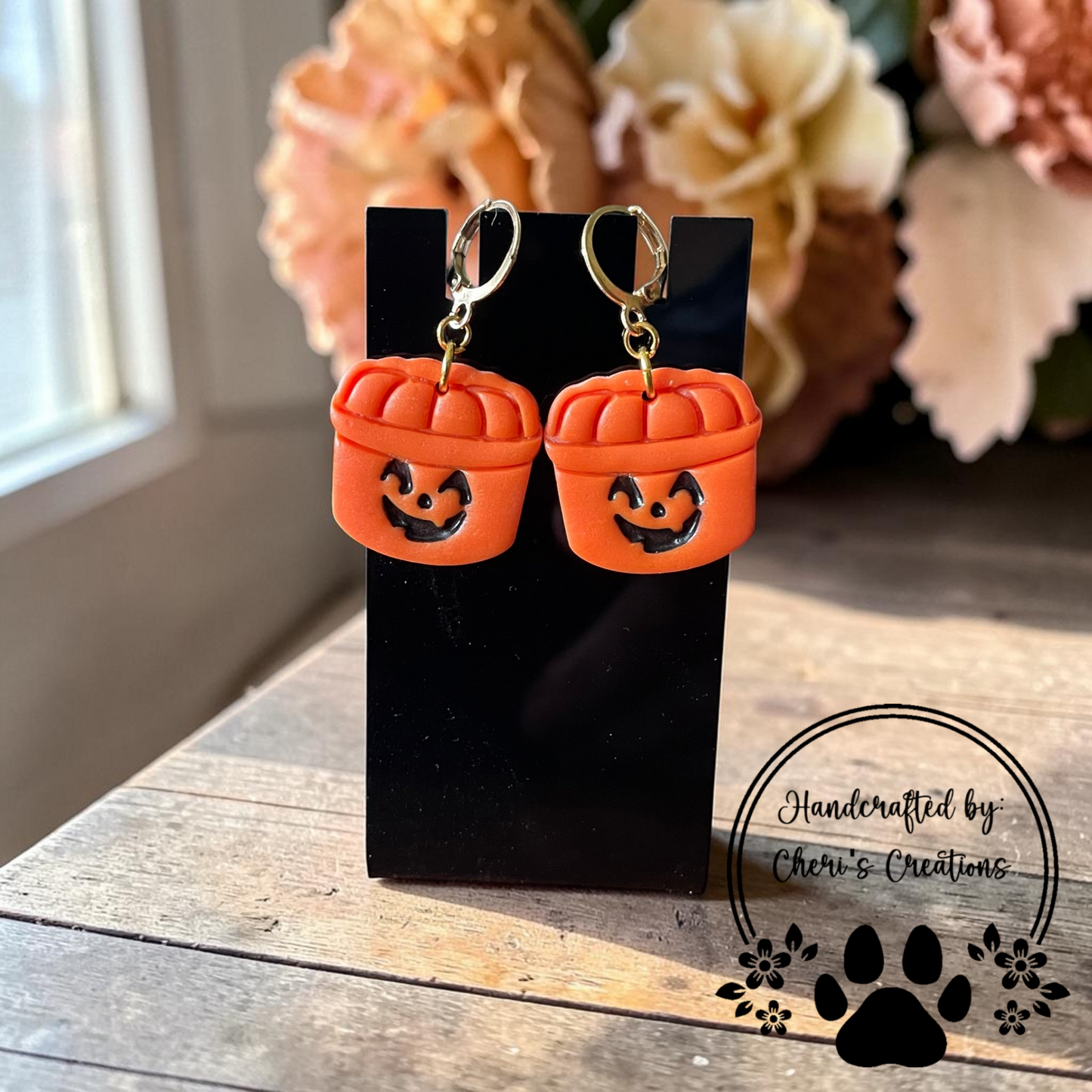 Jack O' Lantern Bucket Dangles - Handmade Polymer Clay Earrings
