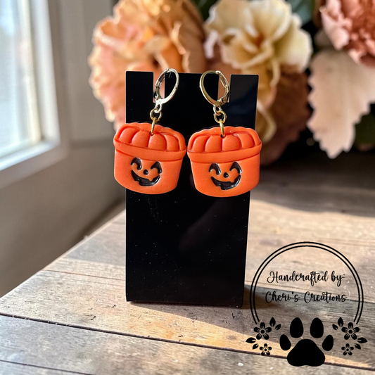 Jack O' Lantern Bucket Dangles - Handmade Polymer Clay Earrings