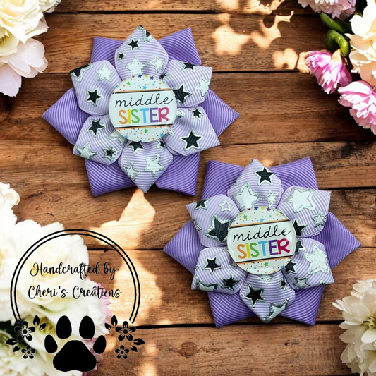 Middle Sister Hair Bows – Purple Sparkle Star Flower Bows with Alligator or Snap Clips | Handmade Sister Gift