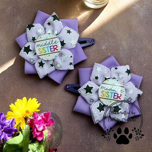 Middle Sister Hair Bows – Purple Sparkle Star Flower Bows with Alligator or Snap Clips | Handmade Sister Gift