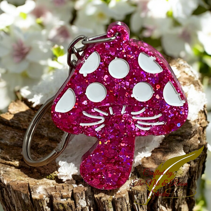 Mini Mushroom Keychain – Raspberry Torte Glitter Resin Mushroom Keychain