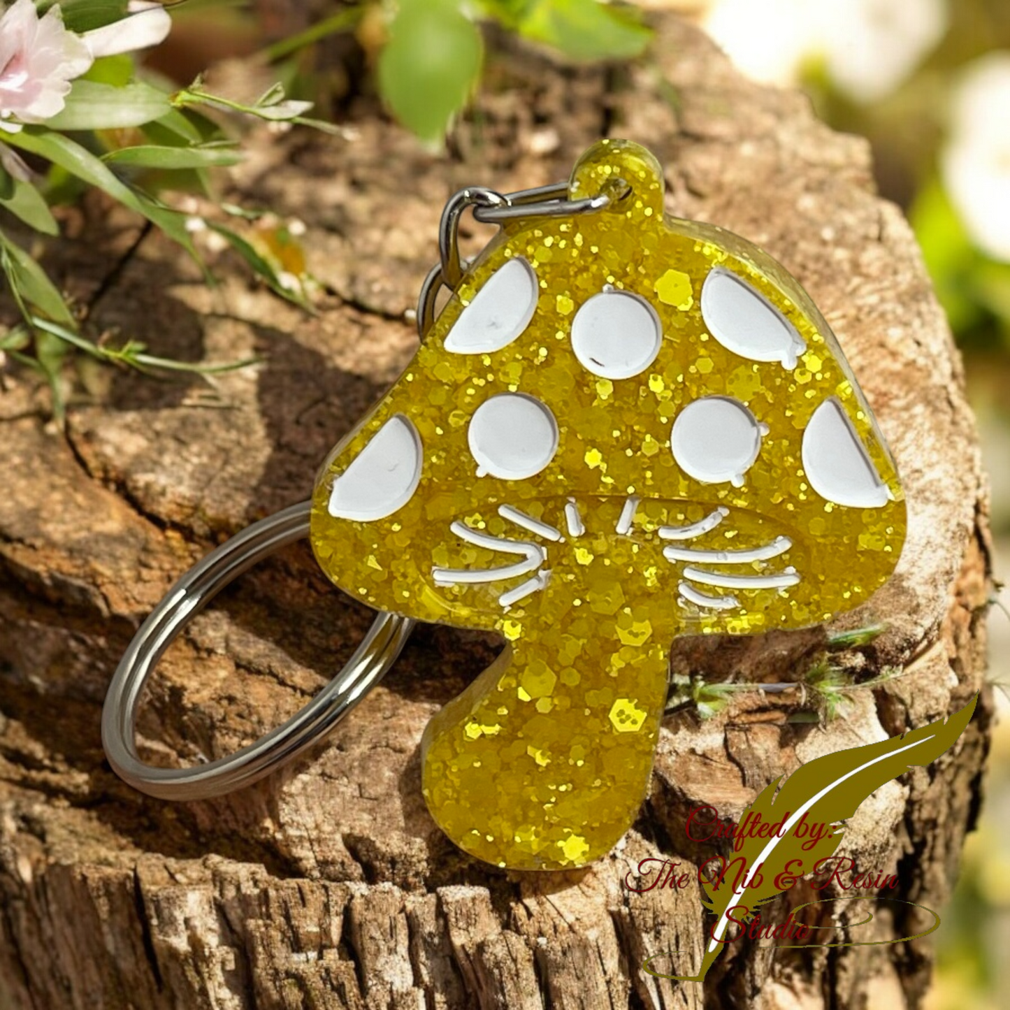 Mini Mushroom Keychain – Yeah Yeah Yellow Glitter Resin Mushroom Keychain