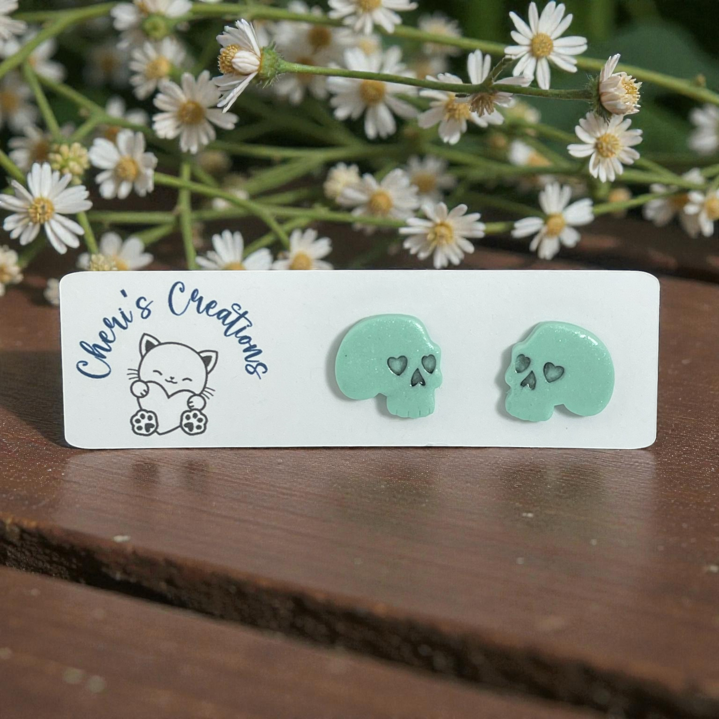 Mint Green Distressed Skull Studs – Handmade Polymer Clay Earrings