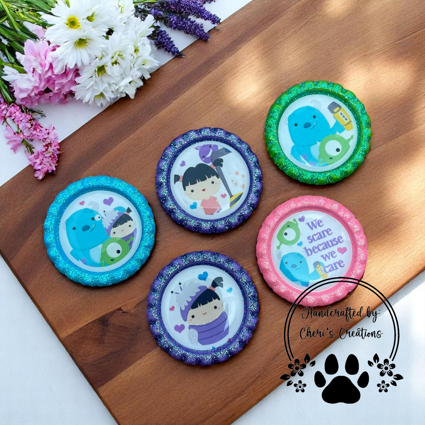 Monster Madness Bottle Cap Set – Handpainted Craft Embellishments for Bow Making, DIY Accessories & More
