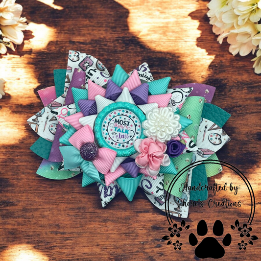 Most Likely to Talk in Class Hair Bow – Handmade Faux Leather Bow with Sparkling Center & Floral Embellishments