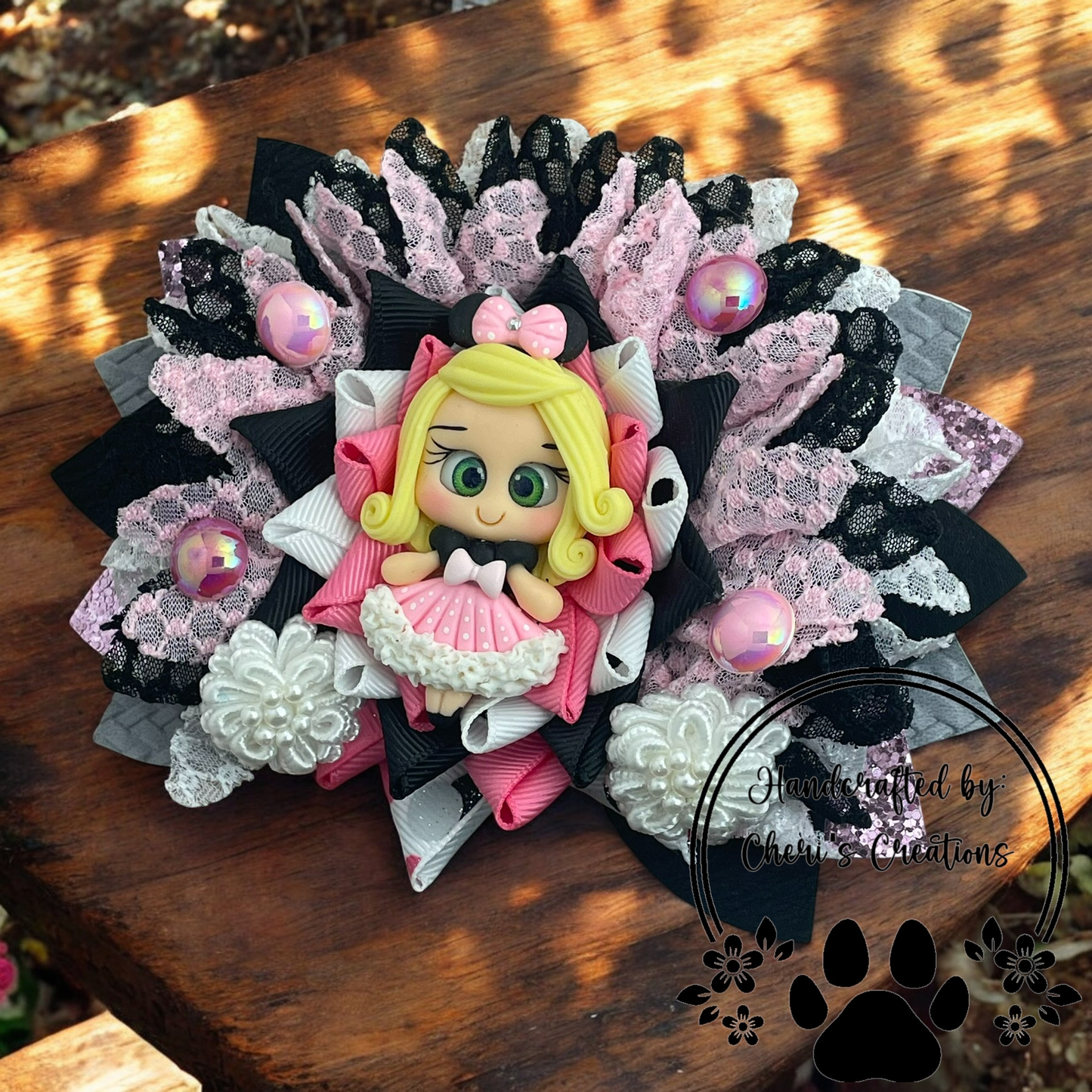Theme Park Fun Over the Top Handmade Stacked Faux Leather and Ribbon Hair Bow