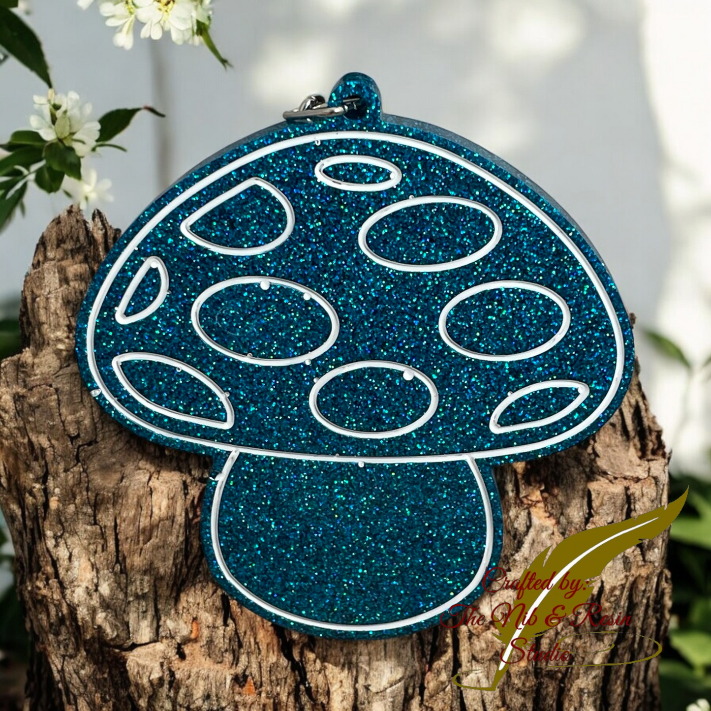 Mushroom Keychain – Deep Blue Sea Glitter Resin Mushroom Keychain
