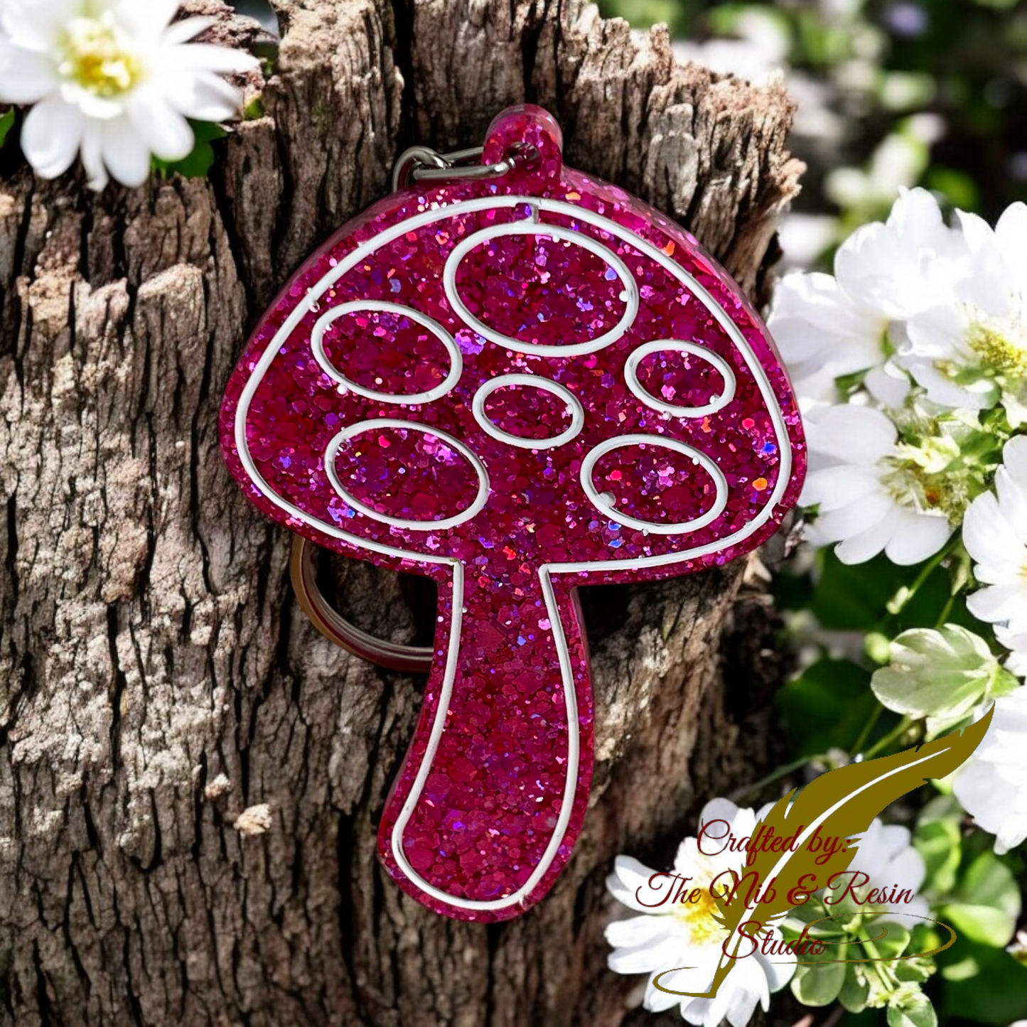 Mushroom Keychain – Raspberry Torte Glitter Resin Mushroom Keychain