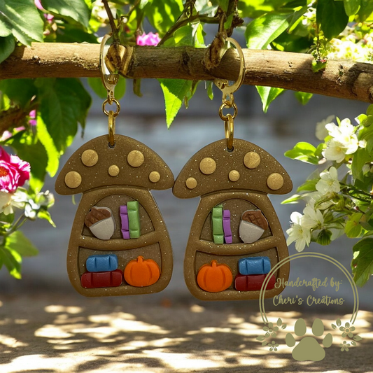 Whimsical Mushroom Bookshelf Polymer Clay Dangle Earrings