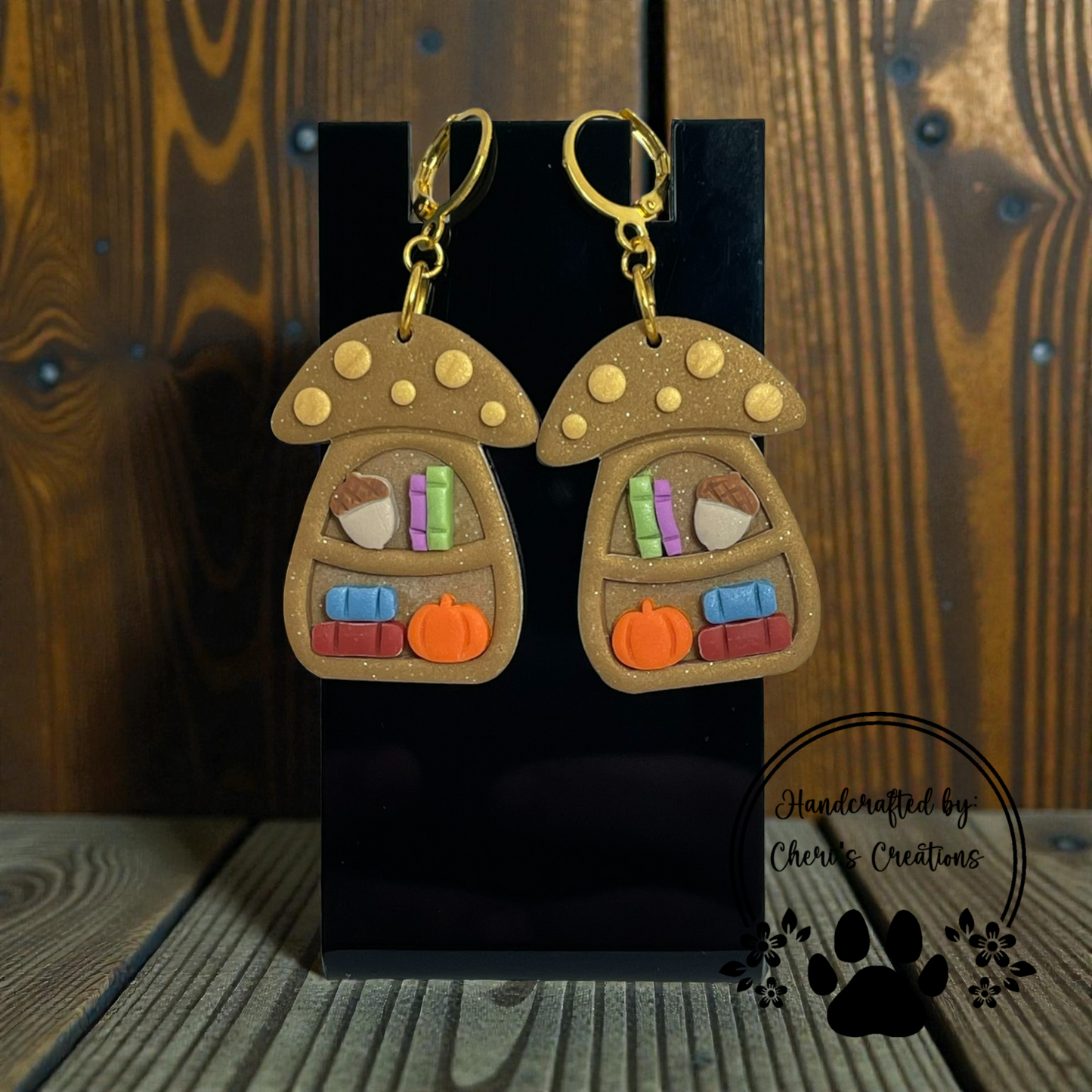 Mushroom Bookshelf Dangle Earrings – Handmade Polymer Clay Earrings