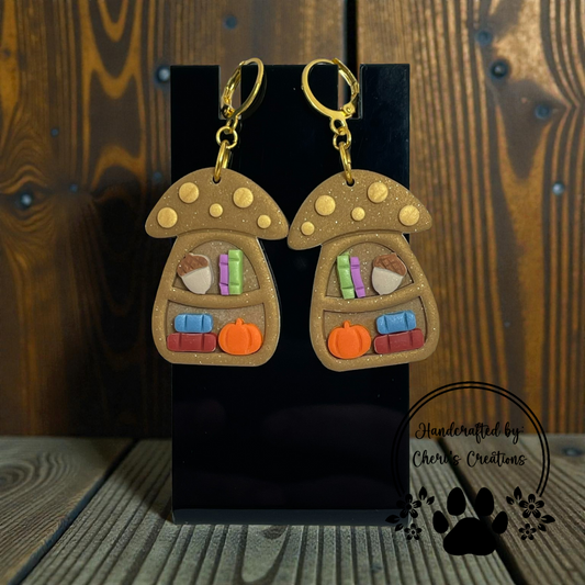 Mushroom Bookshelf Dangle Earrings – Handmade Polymer Clay Earrings
