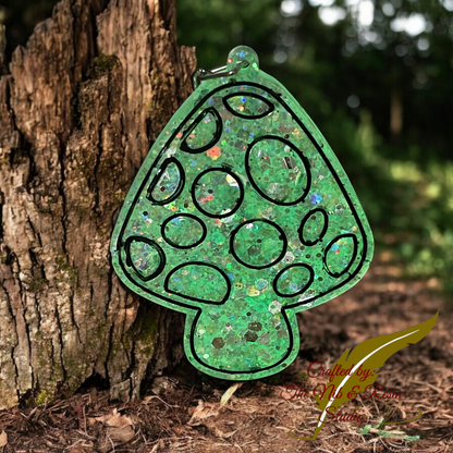 Mushroom Keychain – Slimer Iridescent Green Glow Glitter Resin Mushroom Keychain