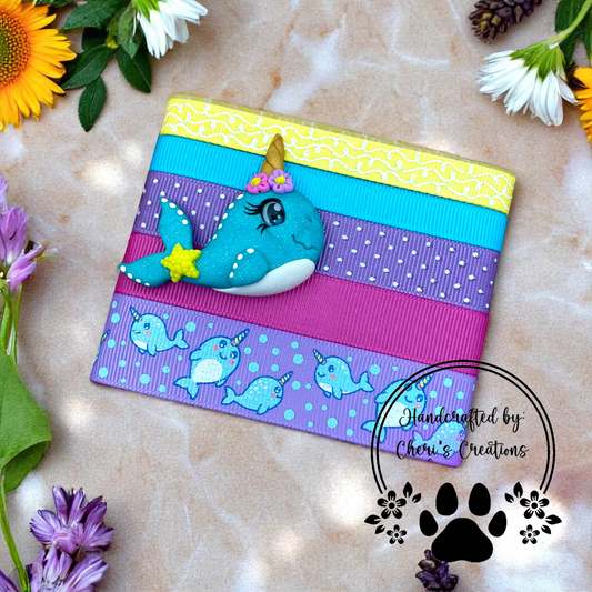 DIY Cute Narwhal Clay & Ribbon Kit – Handmade Polymer Clay Narwhal for Bow Making, Crafting & DIY Accessories