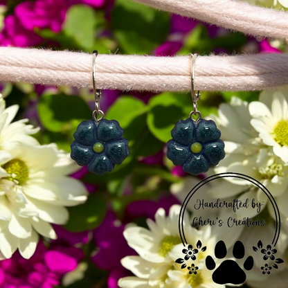 Elegant Navy-Blue Flower Polymer Clay Dangle Earrings