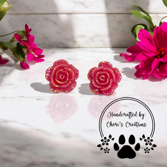 Neon Pink Roses Acrylic Stud Earrings