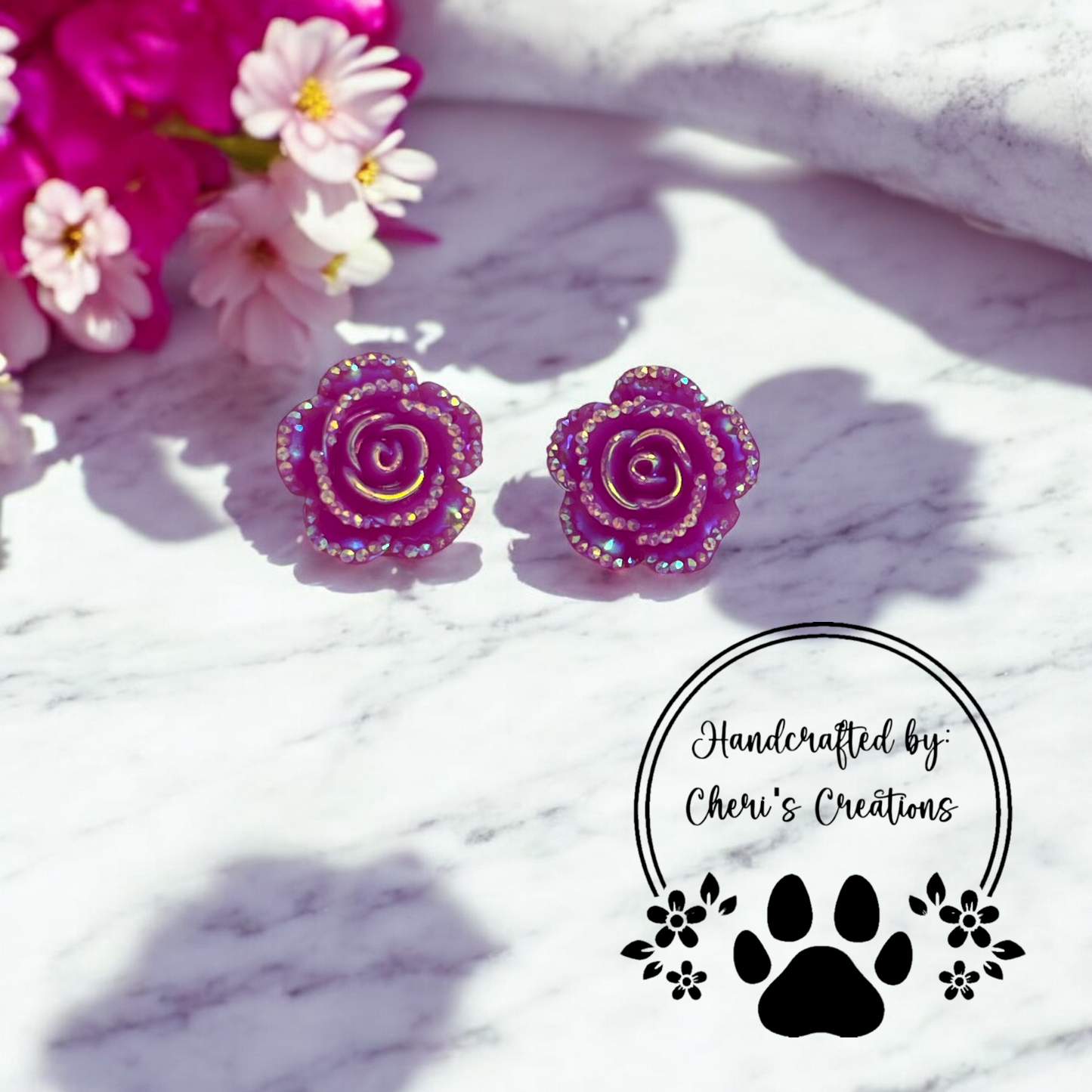 Neon Purple Roses Acrylic Stud Earrings